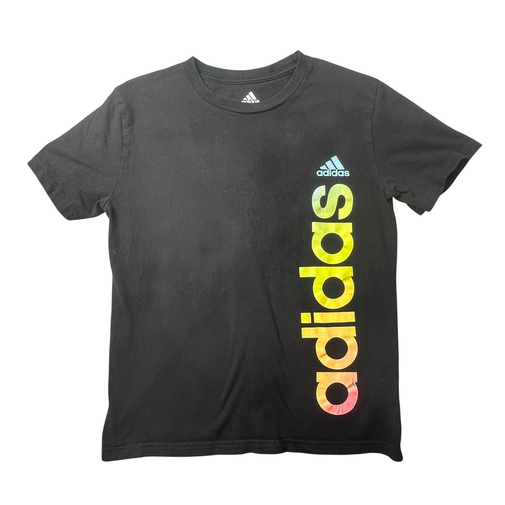 Adidas T-Shirt Kids M 10/12 Black Rainbow Gradient‎ Vertical Logo AA0812 Cotton